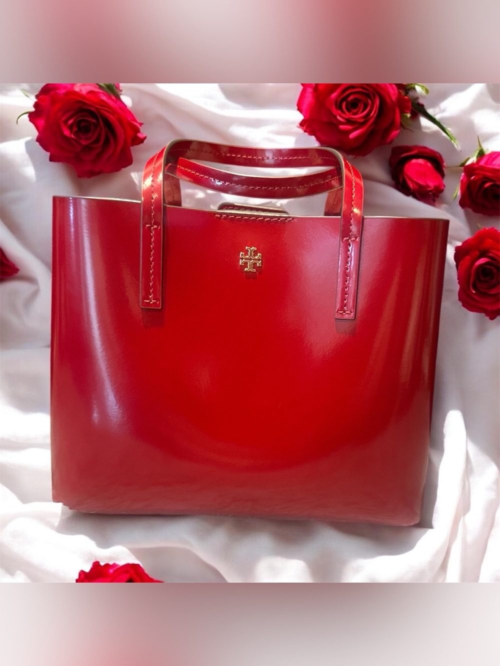 Tory Burch Glossy Red Patent Tote with Gold Logo